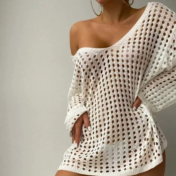 Boho hollow cut Knit Crochet Top beach vacation white - Picture 4 of 8